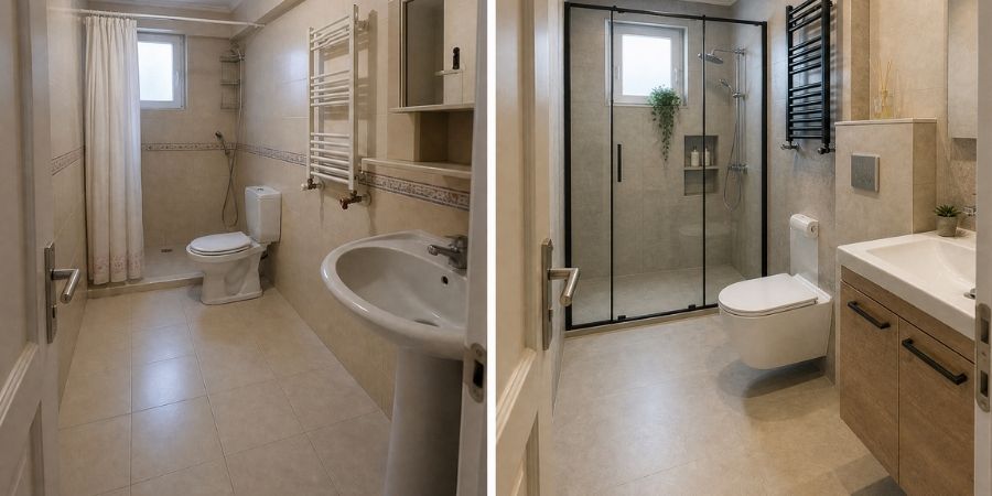 Antalya Banyo Tadilatı 3 Antalya banyo tadilatı öncesi ve sonrası: eski banyonun yerine hemzemin duşlu yeni banyo