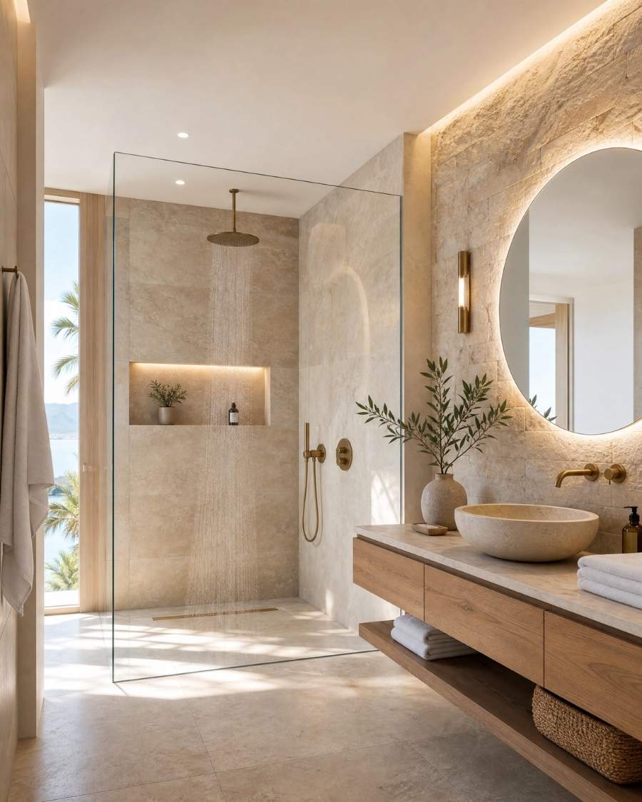 Antalya Banyo Tadilatı 1 Antalya banyo tadilatı sonrası: hemzemin duş, mat siyah armatür ve traverten dokulu porselen karo