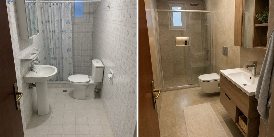 Antalya Banyo Tadilatı 4 Antalya banyo yenileme öncesi ve sonrası: mermer görünümlü porselen karo ve çift lavabolu tezgah