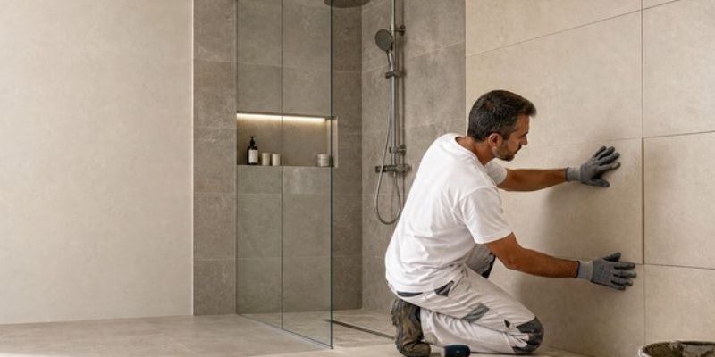 Antalya banyo fayans döşeme — hemzemin duş alanında büyük ebat porselen seramik uygulaması