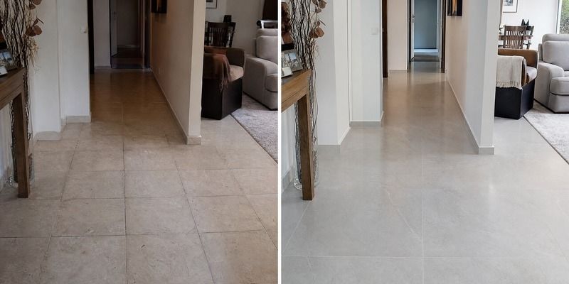 Antalya salon fayans döşeme öncesi ve sonrası — eski zeminin büyük ebat seramikle yenilenmesi