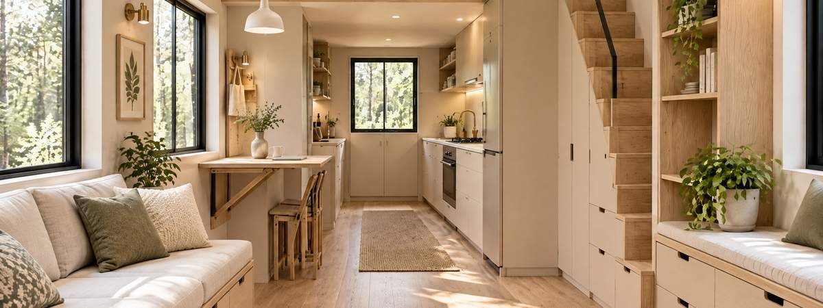 Tiny House Planları 3 Tiny house iç tasarımında depolu merdiven basamakları ve loft yatak düzeni