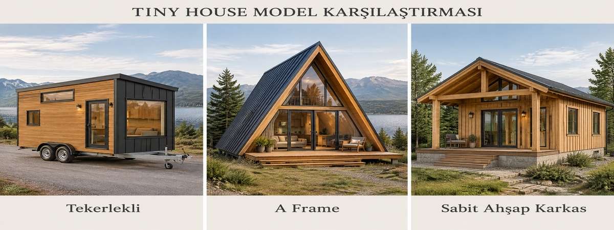 Tiny House Planları 2 Tekerlekli, A-Frame ve sabit ahşap karkas tiny house modellerinin karşılaştırmalı görünümü